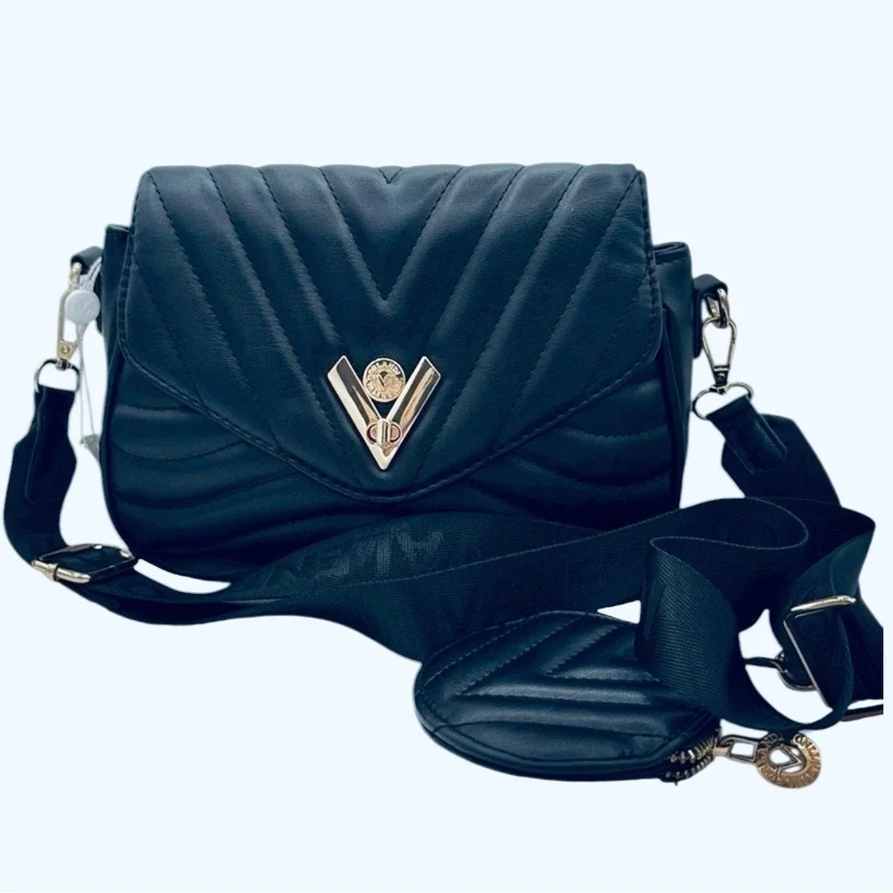 Valentino Orlandi Black‎ Quilted Crossbody Bag with Gold Accent and Coin Wallet